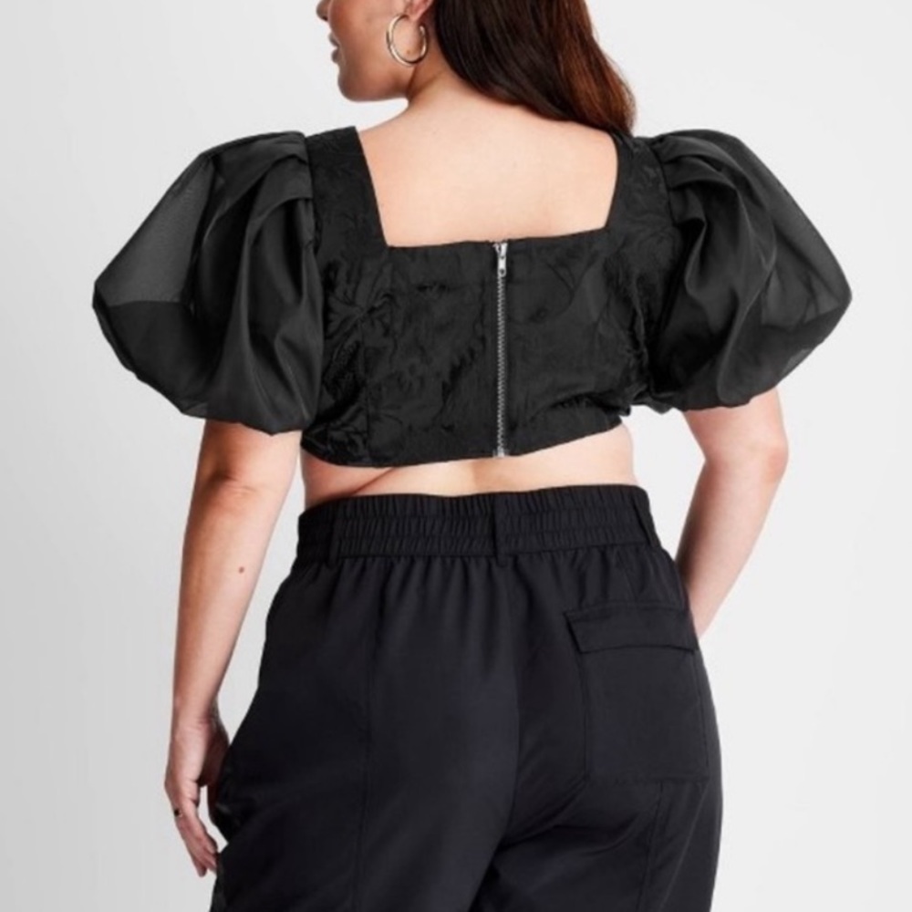 NWT! Future Collective Kahlana Barfield-Brown puff sleeve floral embossed top - Picture 2 of 8